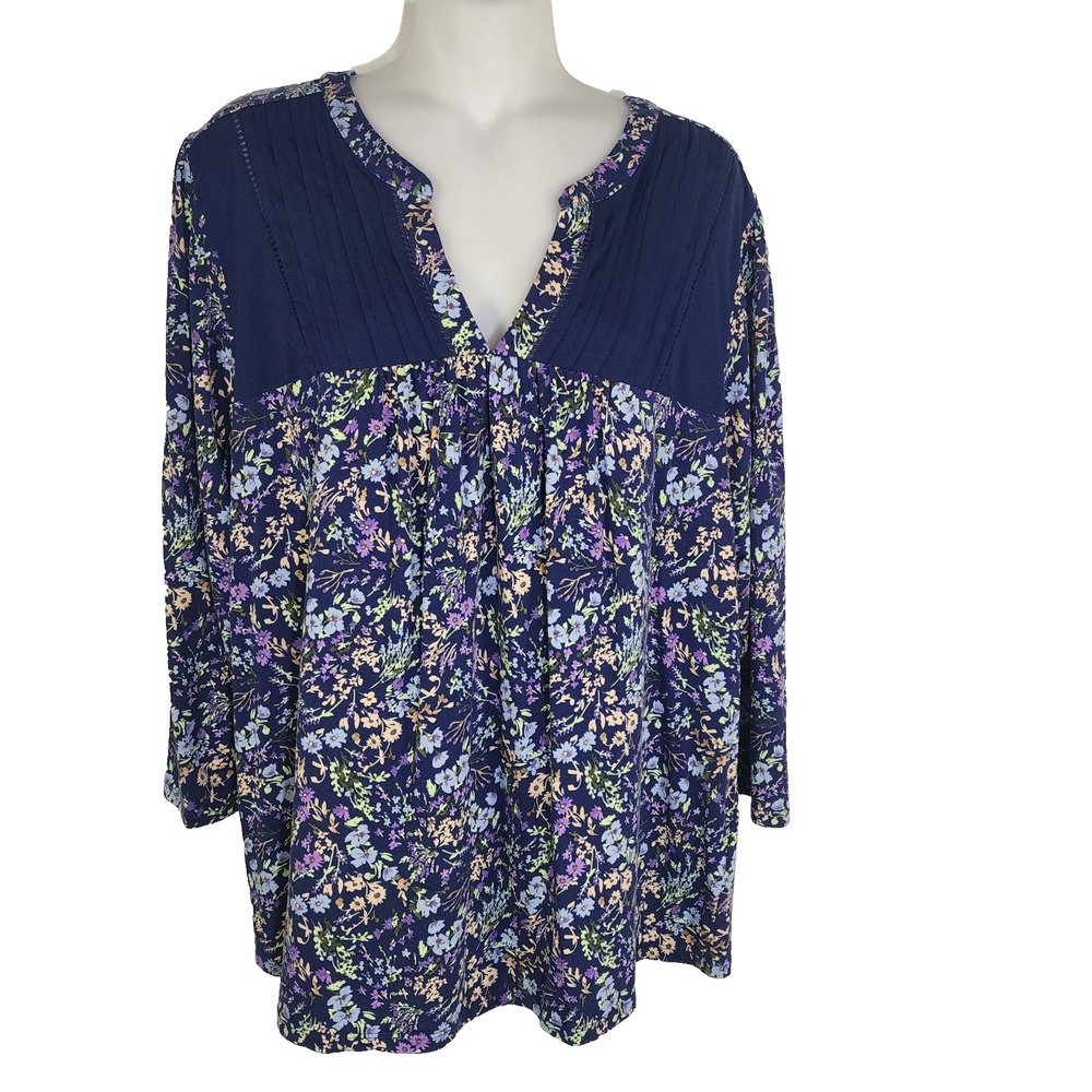 Lands' End Women Top XL 3/4 Sleeve Lightweight Jersey Lattice Detail Floral Blue